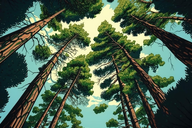 Large pine trees seen from below Dour pine grove