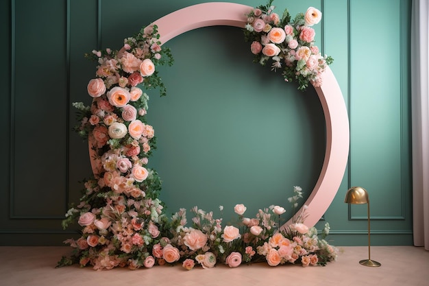 A large pink circle frame with a floral border and a gold plated plate.