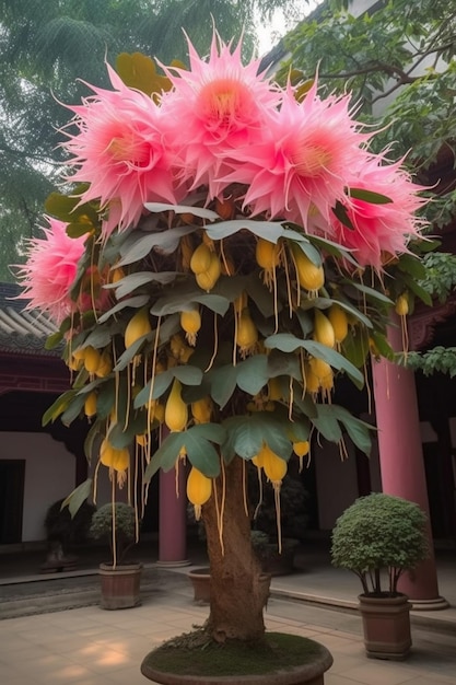 A large pink flower with the leaves of a giant bougainvillea.