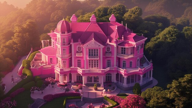 a large pink house with a lot of trees in the background