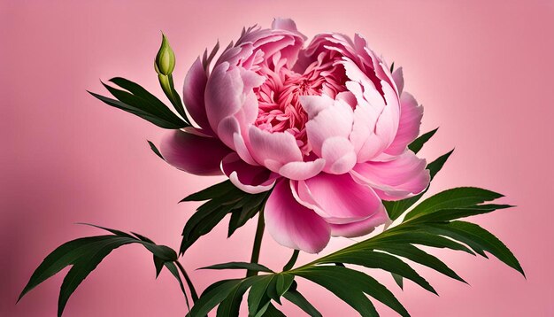 Large pink peony on a background of green leaves