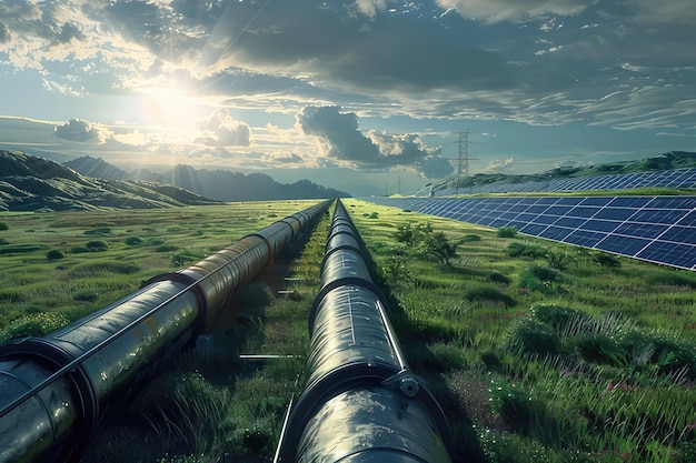 a large pipe with a sky in the background and a power line in the middle