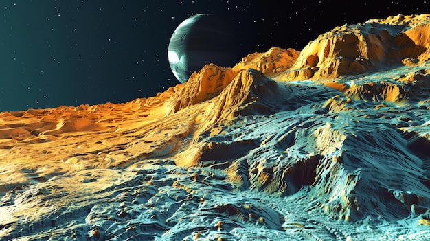 Photo a large planet hangs over the horizon of a bright alien landscape with towering mountains