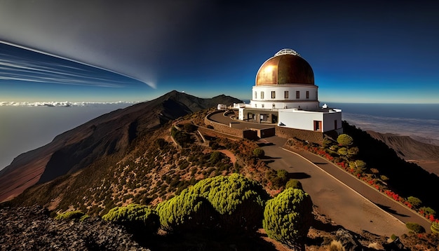 A large planet is seen in the sky above a large telescope.