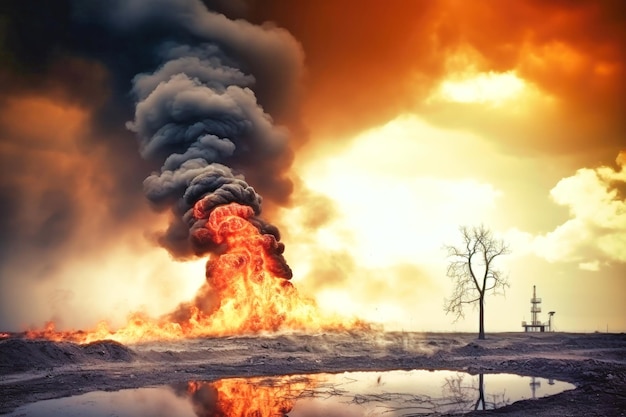 A large plume of black smoke and flames erupts from an oil well casting an ominous shadow over the surrounding landscape