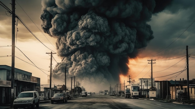 A large plume of smoke rises from a building in the background.