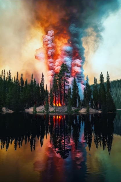 Large plume of smoke rising from forest next to body of water Generative AI