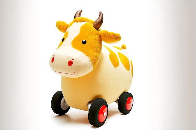 Large plush cow on wheels isolated on white background