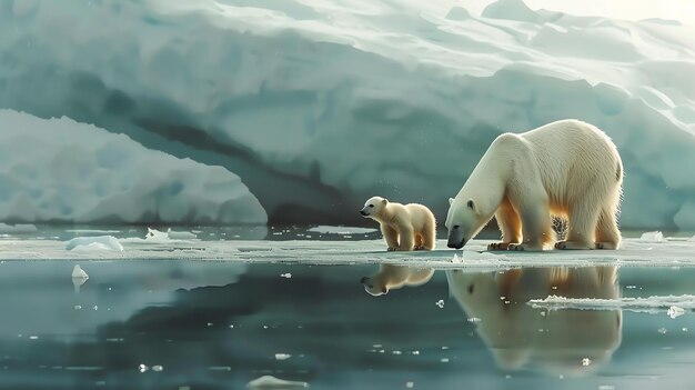 Photo a large polar bear and her cub stand on an ice floe in the arctic the water is calm and reflects the sky and clouds