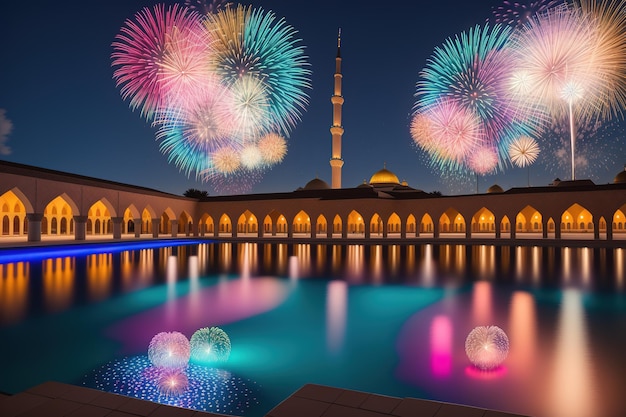 A large pool with fireworks in the sky