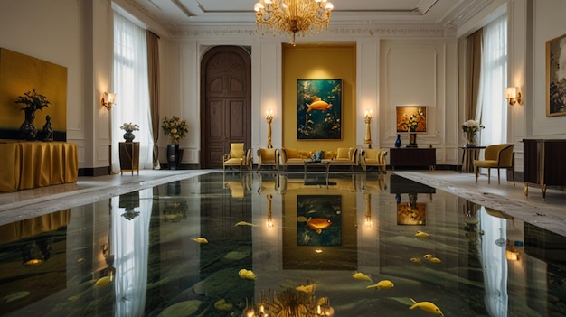 a large pool with gold flowers and a gold chandelier in the middle