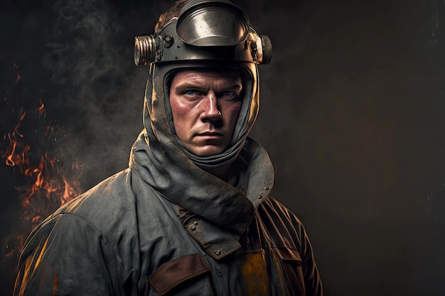 Large portrait of foundry industry worker in protective helmet and robe