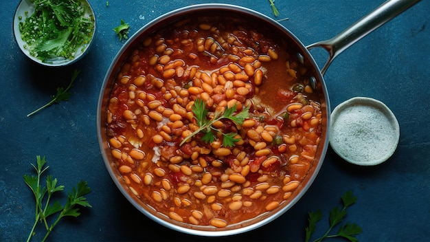 A large pot of beans with a sprig of parsley on top