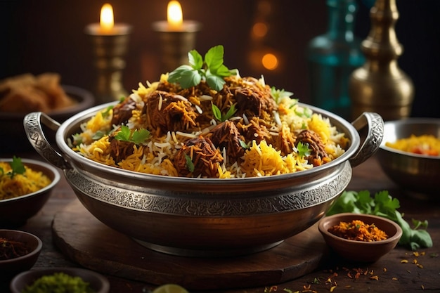 A large pot of biryani being served with fresh herbs