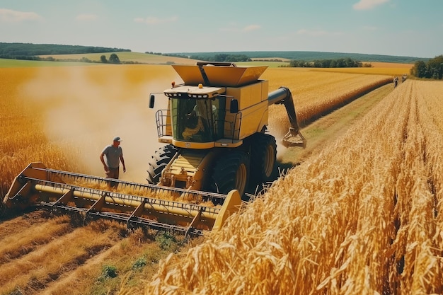 Large powerful rural tractor advancing through wheat plantations for high productivity harvest Generative AI