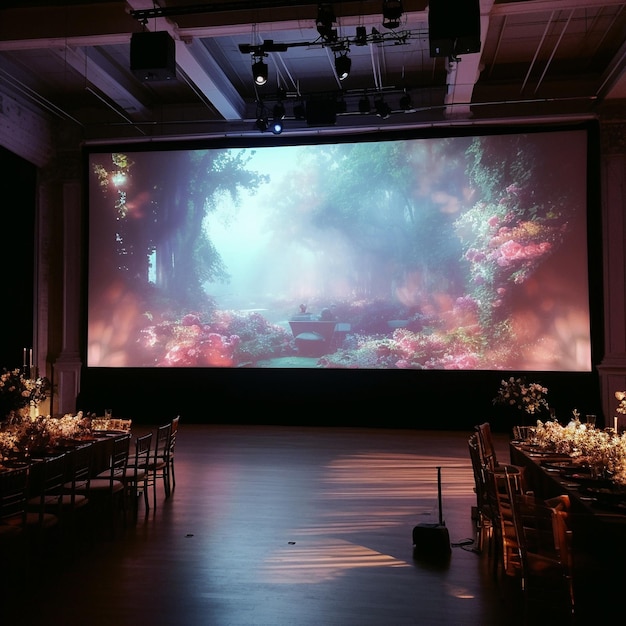 A large projection screen in a theater with a forest scene on it.