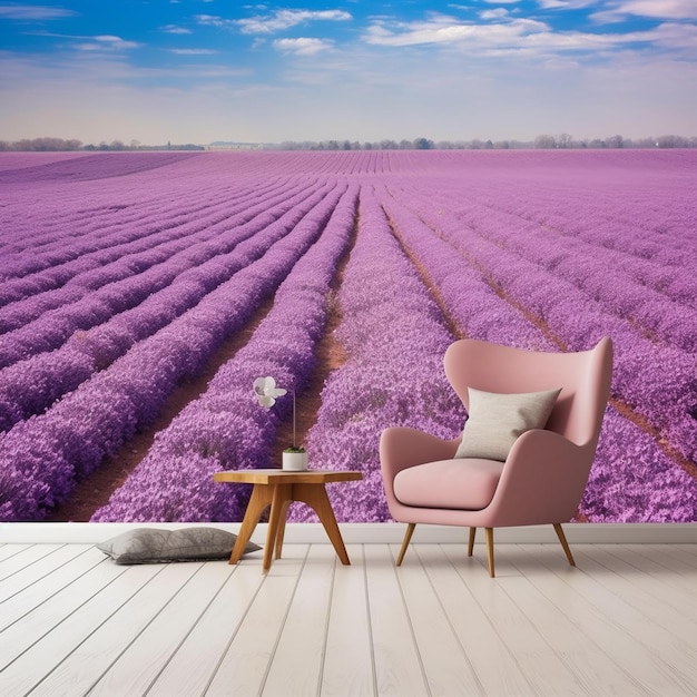 A large purple field of flowers with a pink chair in front of it.