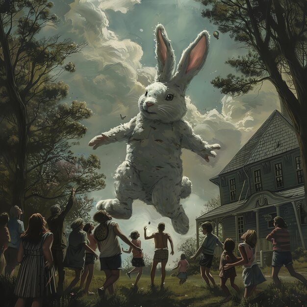 a large rabbit is flying in the air with a house in the background