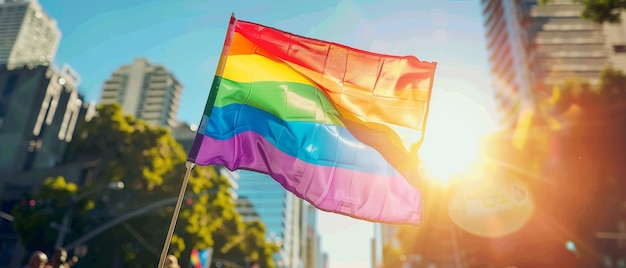 Large rainbow flag leading a vibrant pride parade cityscape in sunlight blurred figures celebrating