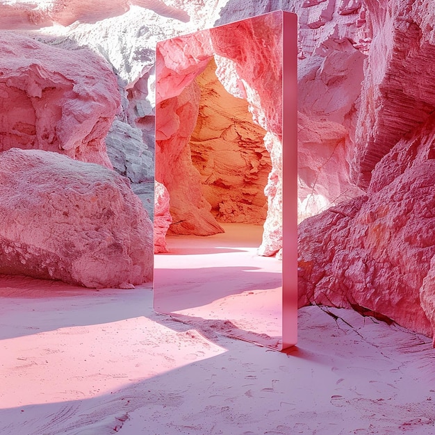 A large rectangular mirror in the middle of an ancient pink cave the walls made out with rocks the