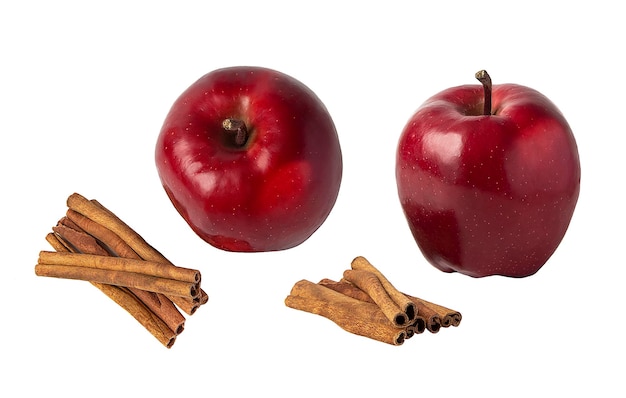 large red apples and cinnamon sticks isolated on a white background