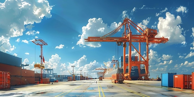 a large red crane is in front of a blue sky with clouds