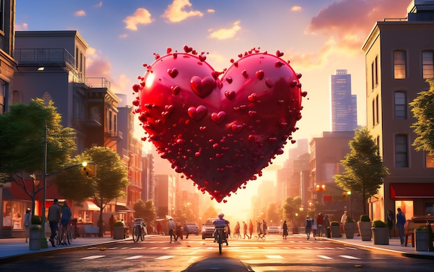 A large red heart floating above a city street