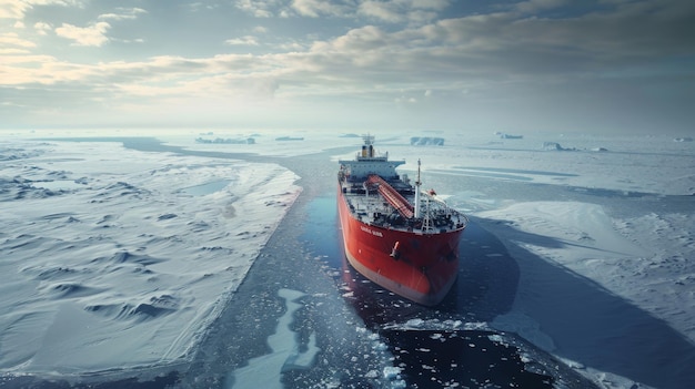 Large Red Icebreaker Ship Navigating Frozen Arctic Waters on a Clear Winter Day