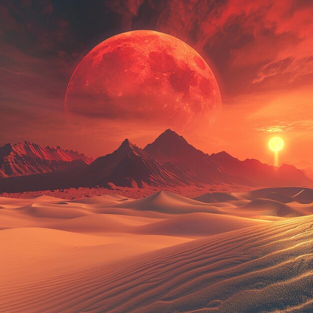 Photo a large red moon is over a desert with mountains in the background