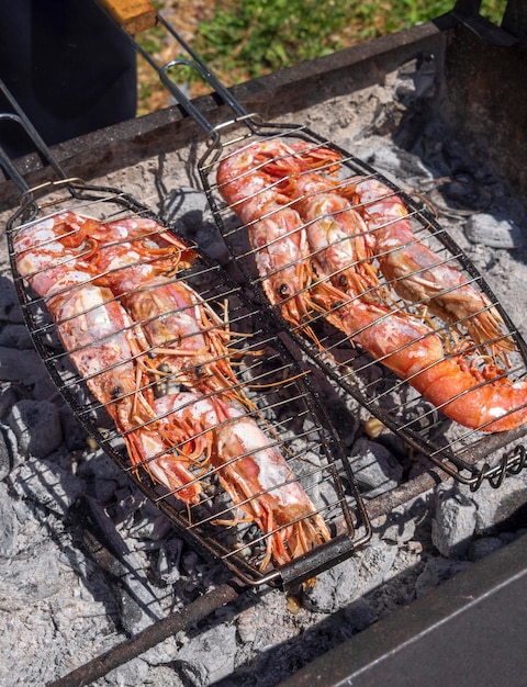 Large red shrimp cooked on the grill in Greece