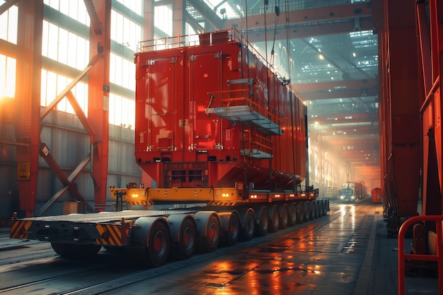 A large red truck is being loaded with a large object in a warehouse