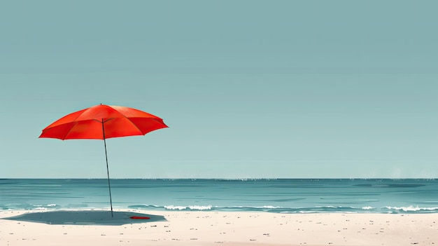 A large red umbrella on a deserted sandy beach