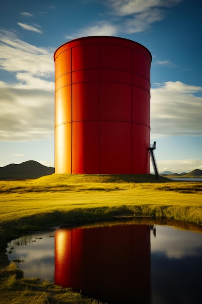 Large red water tower sitting on top of lush green field Generative AI