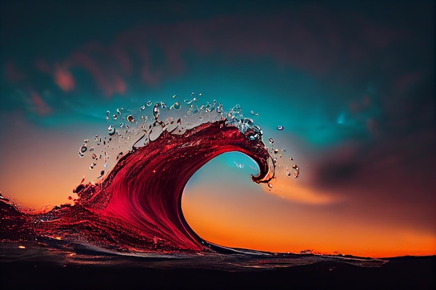 Large red wave in the ocean at sunset generative ai