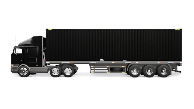 Photo a large retro black truck with a sleeping part and an aerodynamic extension carries a trailer with a sea container. 3d rendering.