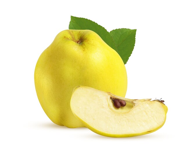 large ripe quince with green leaves on a white