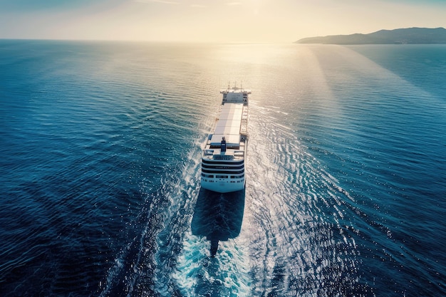 A large RO RO car carrier ship sailing in the Mediterranean Sea from above displayed as a banner wit