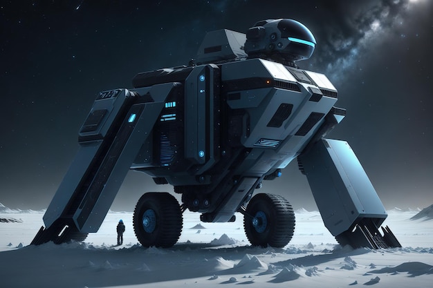 A large robot is on a frozen ice field.