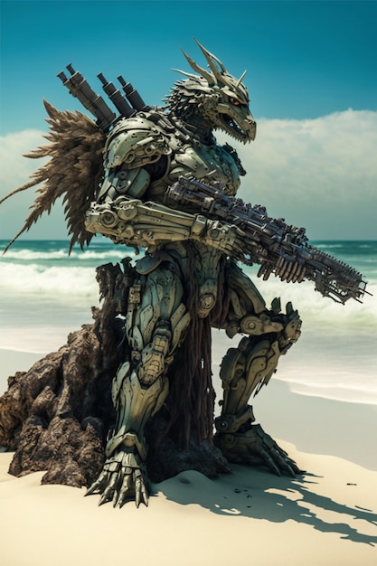 Large robot standing on top of a sandy beach generative ai