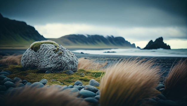 A large rock on a beach with mountains in the background