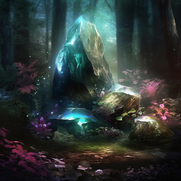 A large rock in a forest with a blue base and a pink flower on the bottom.