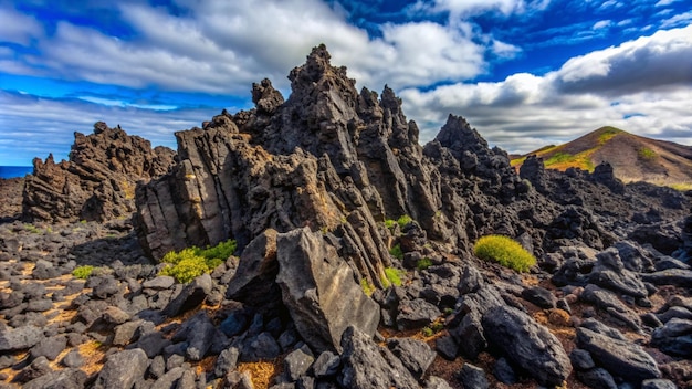 a large rock formation with a blue sky and clouds in the background