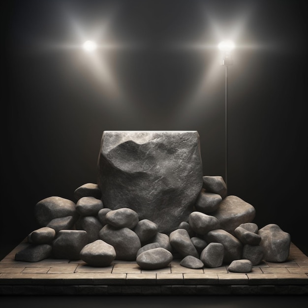 A large rock is on a small platform with a light on it.