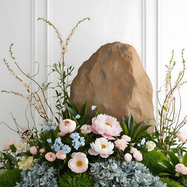 Photo a large rock is surrounded by flowers and the word flowers