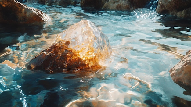 a large rock is in the water with the water flowing around it