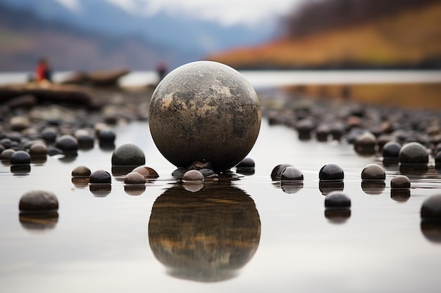 Photo a large rock sitting on top of some pebbles in a body of water