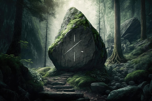 Large rock with arrow pointing the way in a lush forest created with generative ai