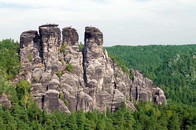 A large rock with a forest at the foot of against the sky