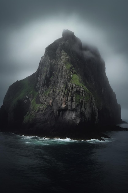 A large rock with a lighthouse on it in the middle of the ocean.