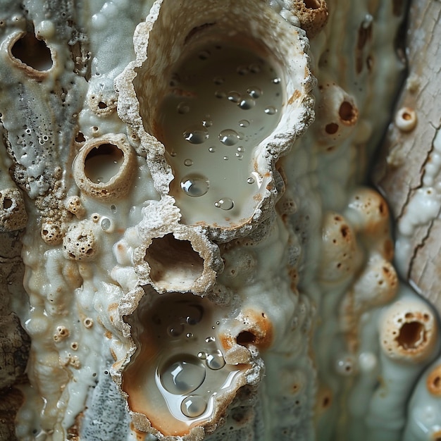 Photo a large rock with many holes and a white substance inside